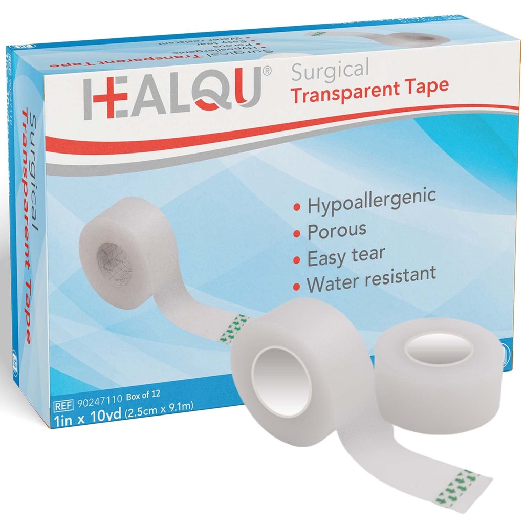 HEALQU Surgical Transparent Tape for Wound Care, Tubing, First Aid Supplies - 1" x 10yd Box of 12 Breathable, See Through, Microporous Waterproof Tape with Gentle Adhesion and Easy Monitoring