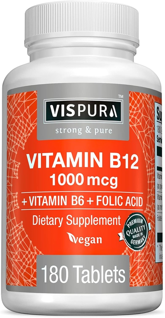 VISPURA Vitamin B12 1000 mcg Methylcobalamin + B6/Folic Acid, 180 Vegan Tabletten, beste Ergänzung zu Energie zu erhöhen, Enhance Mood, Sharpen Focus*, Organic Supplement