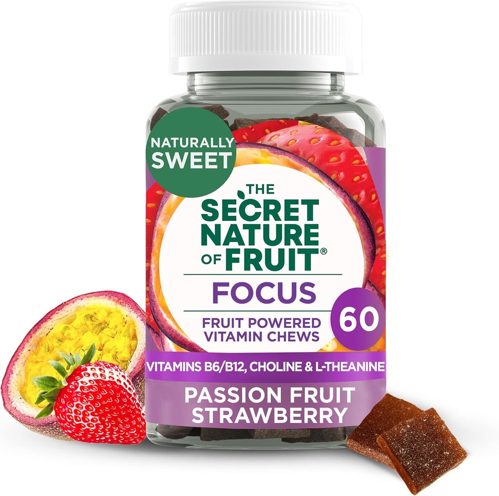 Die geheime Natur der Frucht Fokus Kauen, echte Frucht Powered Vitamin Chews mit Vitaminen B6 & B12, Choline, L-Theanin, Leidenschaft Obst & Erdbeere für Psychische Klarheit, Gummy (60 Count)