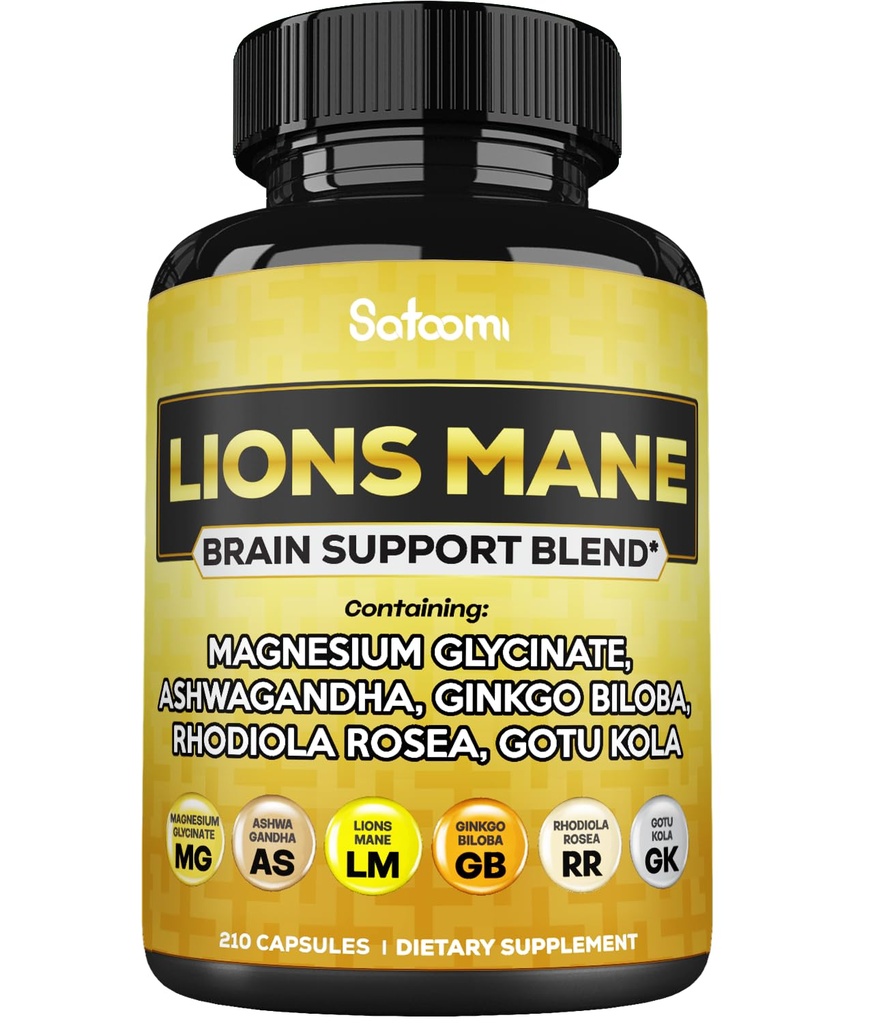 Satoomi Lions Mane Supplement Capsules with Magnesium with Ashwagandha Root, Ginkgo Biloba, Rhodiola Rosea and Gotu Kola - 210 Vegan Capsules - Support Brain Health, Positive Mood & Energy Production