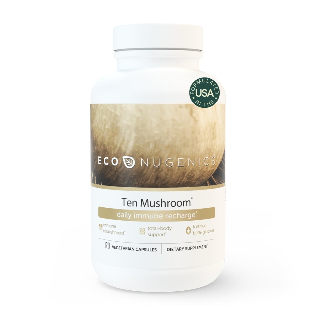 EcoNugenics Ten Mushroom Supplement: Daily Immune Support, 120 Capsules – Lion’s Mane, Reishi, Cordyceps, Turkey Tail – Energy, Gut Health, Liver, Kidney, Cholesterol & Nootropic Brain Support