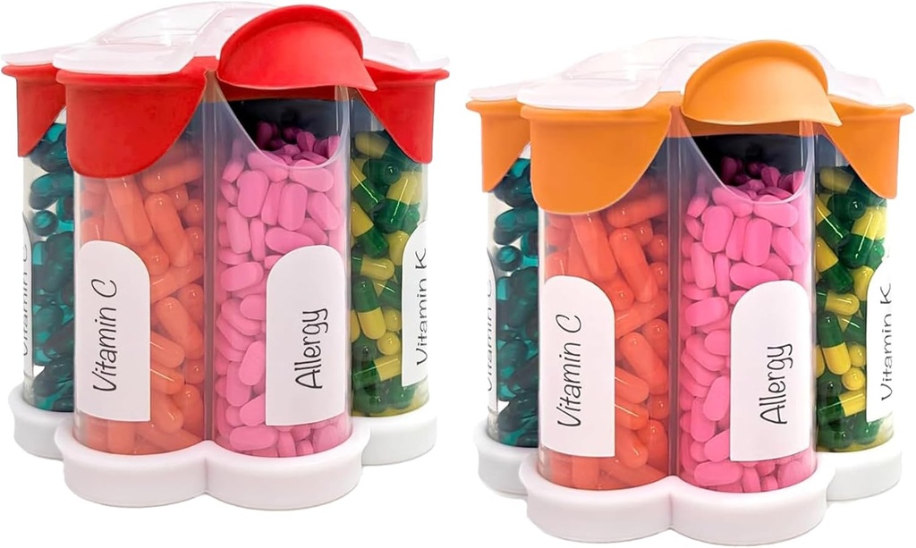 Extra nagy Pill Organizer Napi, Heti, Havi kiegészítés palack, Cute Blossom Pill Dispenser 7 XL kompartmentekkel (2 Pack Combo) (narancs és piros)
