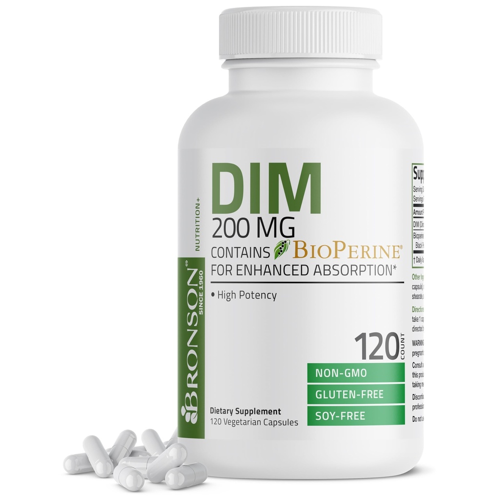 Bronson DIM kiegészítés 200 MG diindolimetán BioPerinnel a fokozott abszorpció, ösztrogén metabolizmus és a kiegyensúlyozott hormonszint fenntartása érdekében, 120 Vegetáriánus kapszula