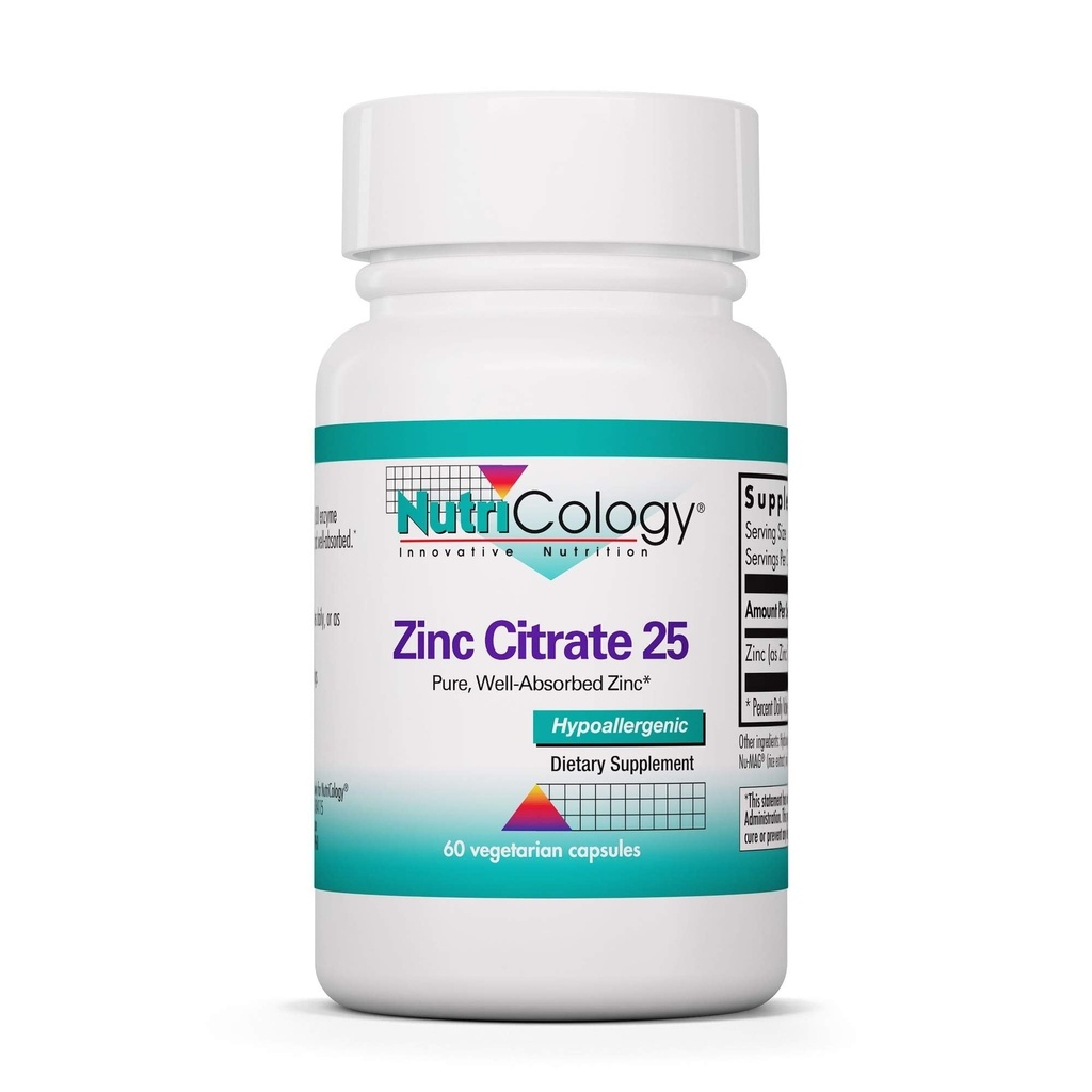 Nutricology Zink-Zitrat-Ergänzung - 25mg Zink für Männer & Frauen, Immununterstützung, Reine, gut absorbierte, gut tolerierte, Trace Mineral, Vegetarische Kapseln - 60 Zähler