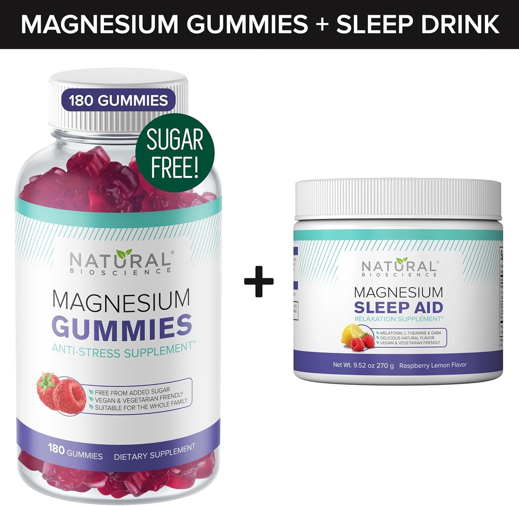 Zuckerfreie Magnesium-Gummien (180 Gummi) und Magnesium-Nachtzeit-Pulver mit Magnesium-Zitrat, Melatonin, L-Theanin und GABA - Vegan, Gelatine-frei, Glutenfrei, Non-GMO