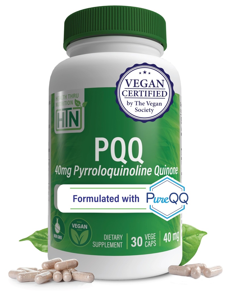 Gesundheit Thru Nutrition PQQ 40mg 30 Serviers Pyrroloquinolin Quinone als PureQQ | Fördert Mitochondriale Biogenesis | Certified Vegan | Non-GMO Gluten Soy Free Capsules| Clean Label PQQ Ergänzung