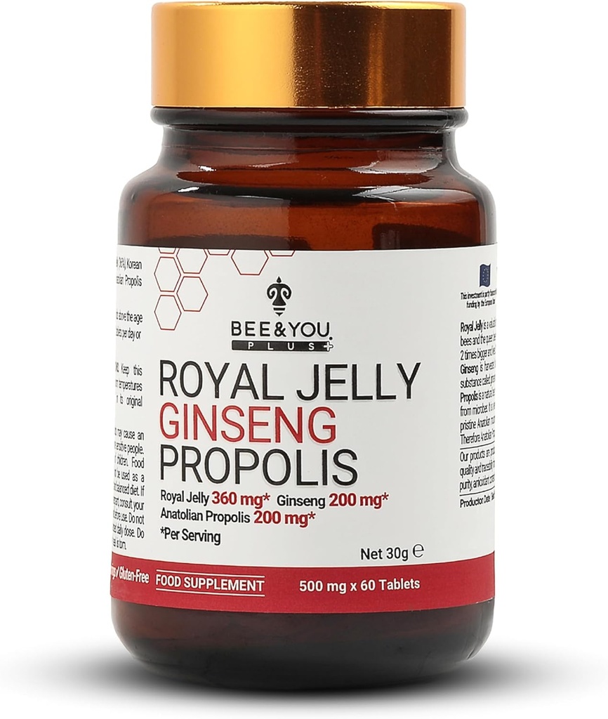 Bee and You Royal Jelly Ginseng tablettával, Propolis kivonat, 60ct, 100% Természetes Superfood, Ultra Pure, Immun Supplement Supplement, Antioxidánsok, Keto, Paleo, Gluten- Free