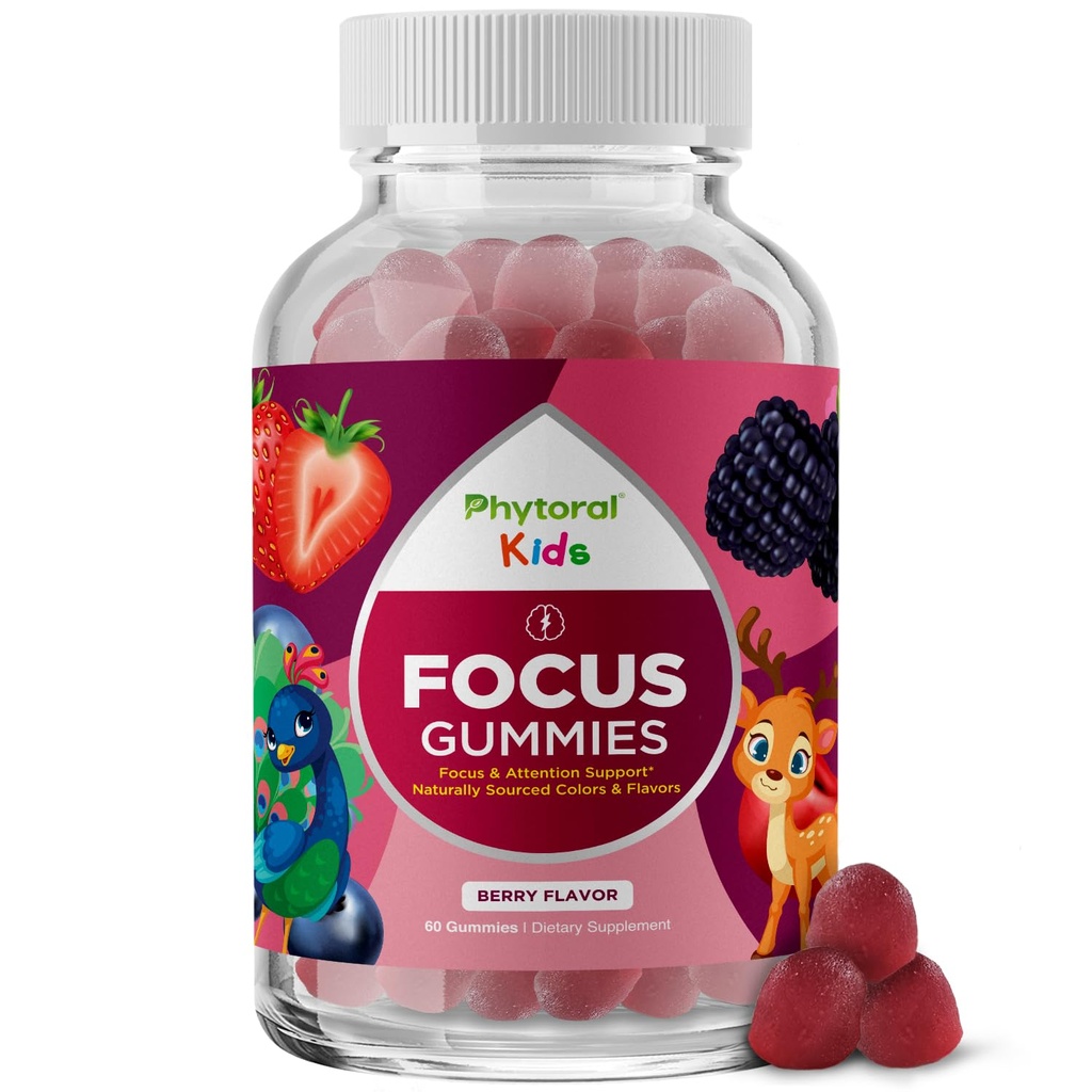 Phytoral Vegan Kinder Fokus Gummis - Potent Chewable Brain Unterstützung für Kinder - Verbessert Konzentration & Gedächtnis - Beruhigende Ergänzungen & Fokus Gummi für Kinder - Nicht-GMO & Gluten-Free - 60 Count