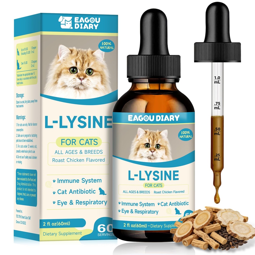 L-Lysine für Katzen,Lysine Tropfen Immununterstützungsergänzung,Sneezing,Cold,Allergy Relief,Runny Nose,Feline Respiratory,Natürliche Antibiotika für Katzen mit Kolostrum,Taurine (Roast Chicken Flavor/2floz)
