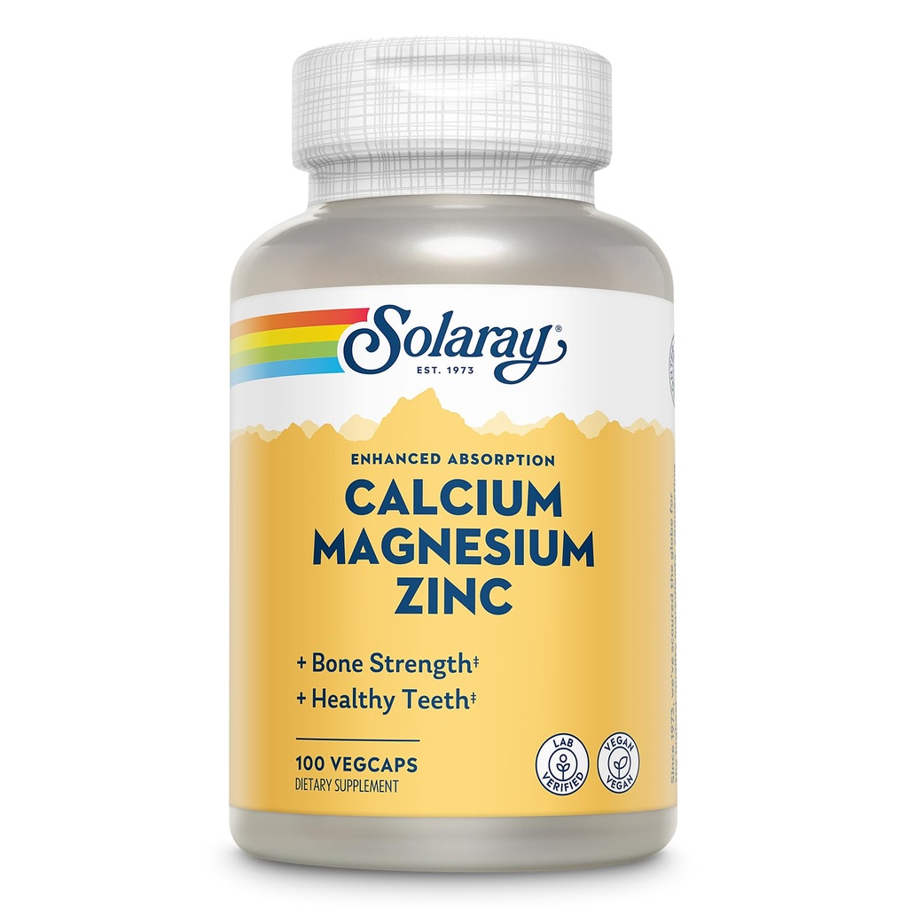 SOLARAY Kalcium Magnézium Cink kiegészítés - kalciummal 1000mg, Magnézium 500mg - Csontegészség, Izomfunkció, Szív-egészség és Immuntámogatás - Vegán, 60 napos garancia, 25 adag, 100 tabletta