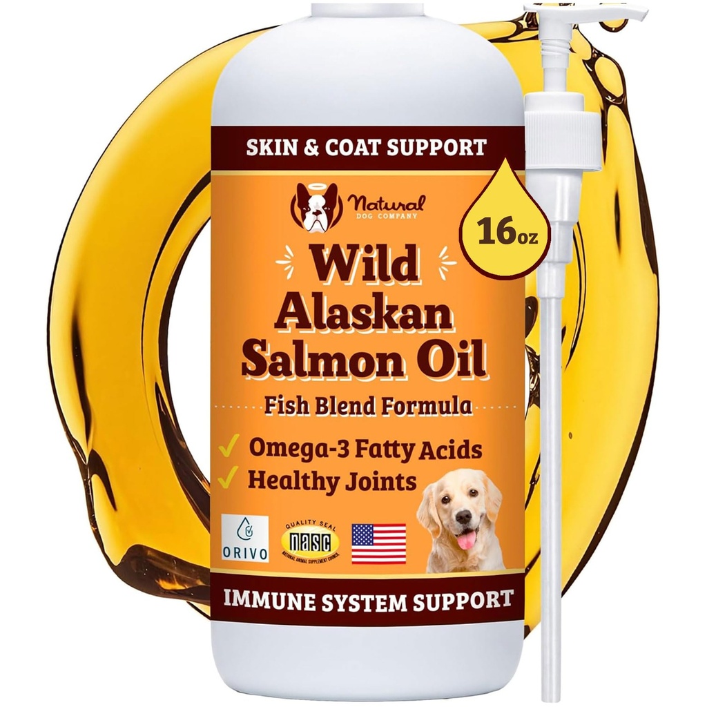 Natural Dog Company Wild Alaskan Lachs Öl Formel mit Omega 3, Fischöl für Hunde Beilage, Haut und Mantel Hundeöl, juckendes Relief, Immununterstützung für Gelenke & Herz, Lebensmittel Topper, 16 Unzen.