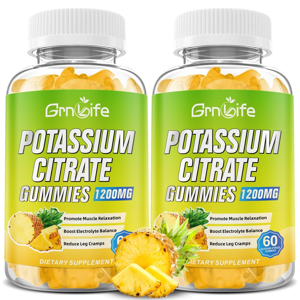 Potassium Citrate Gummies, High Potassium Supplement Gummies 1200mg Support Leg Cramps & Muscle Health, for Adults & Kids, Vegan, Pineapple Flavor 120 Count
