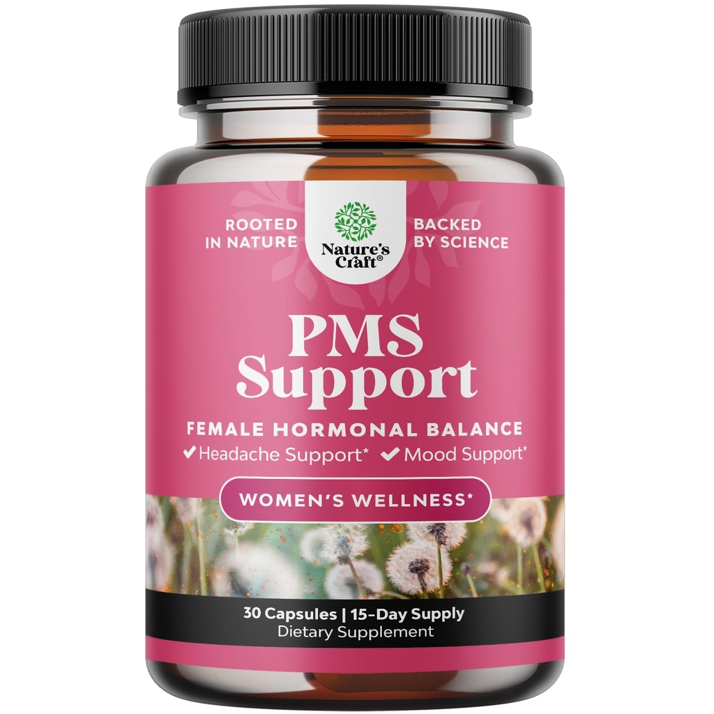 PMS Support Support Supplement for Women & Menstrual Ease with DIM, Chasteberry, Black Cohosh & Ashwagandha - for period Cramps Ease, Menopauza Bloating, Mood Swing - 30 Ct