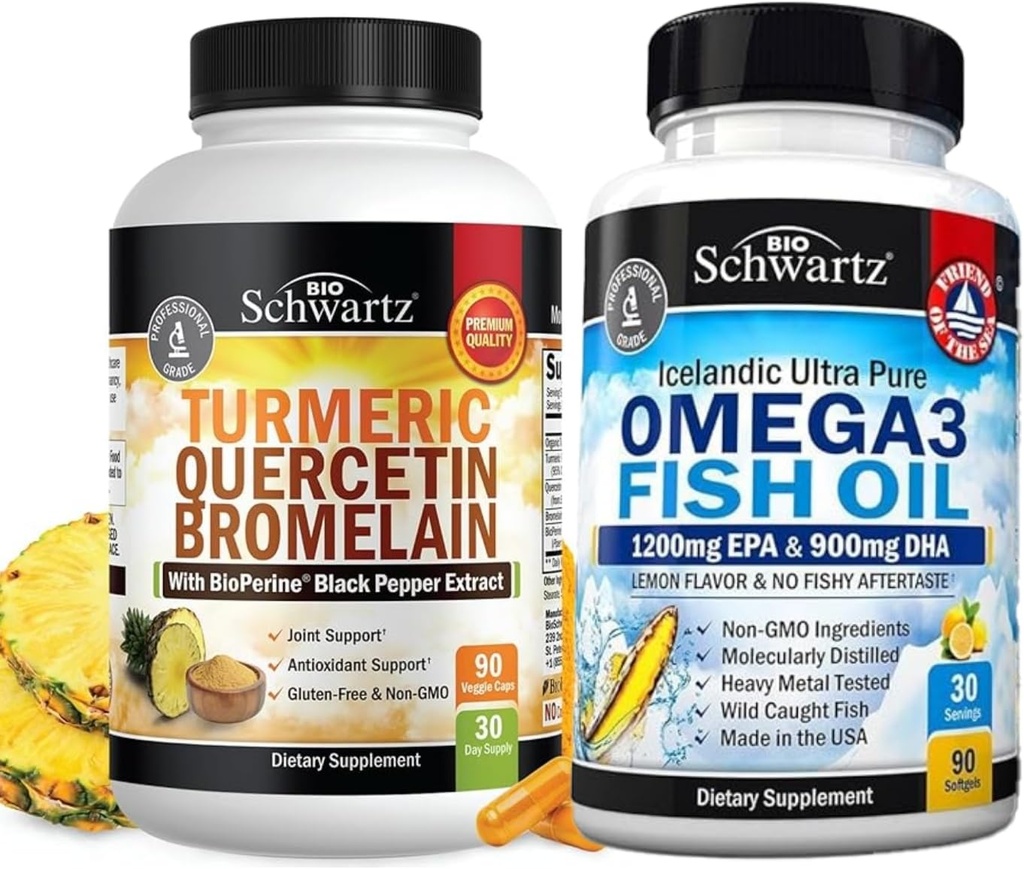 Kurkuma quercetin bromelain kiegészítéssel (1 hónapos ellátás) Plusz háromszoros erő Omega 3 Halolaj Softgels (1 hónapos ellátás)