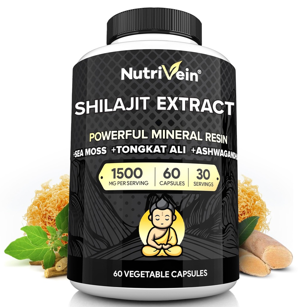 Nutrivein Premium Pure Himalayan Shilajit férfiaknak és nőknek - 1500 mg - 60 Capsules- Powerful Resin kivonat keverve Ír-tengeri Moss, Tongkat Ali, & Ashwagandha - Vitality, Clarity, & Performance