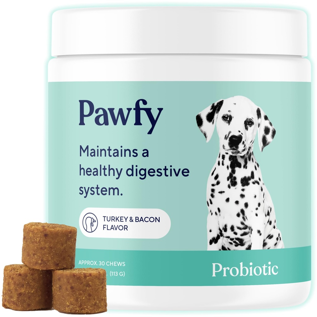 Pawfy Probiotics for Dogs | Unterstützt Verdauungs-Gesundheit, Durchfall für kleine, große Hunde | verbessert die Gesundheit von Gut | Anti-Just-Ergänzungen | Hautgesundheit Saisonale Allergien Unterstützung - 30 Chews (Bacon)