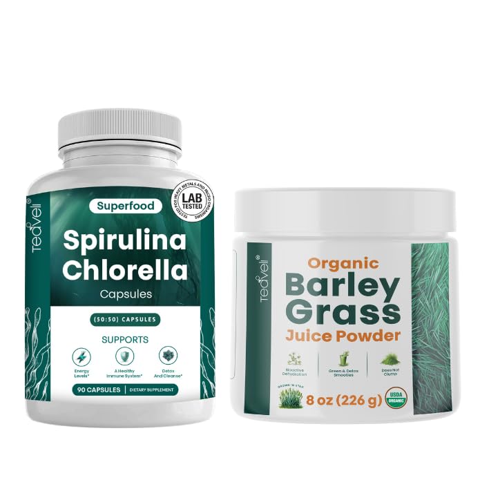 Teaveli Spirulina és Chlorella Capsules és Orgaic Barley Grass Juice Powder Bundle