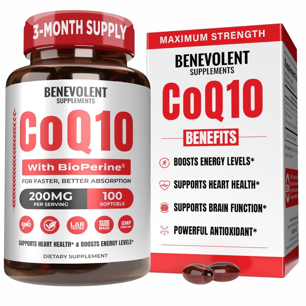 Benevolent Pure CoQ10 200mg Softgels mit BioPerine® für Max Absorption, Ubiquinone Coenzym Q10 Supplement für Herzgesundheit, Energieproduktion, Gesunde Aging & Antioxidantienunterstützung, 100 Softgels