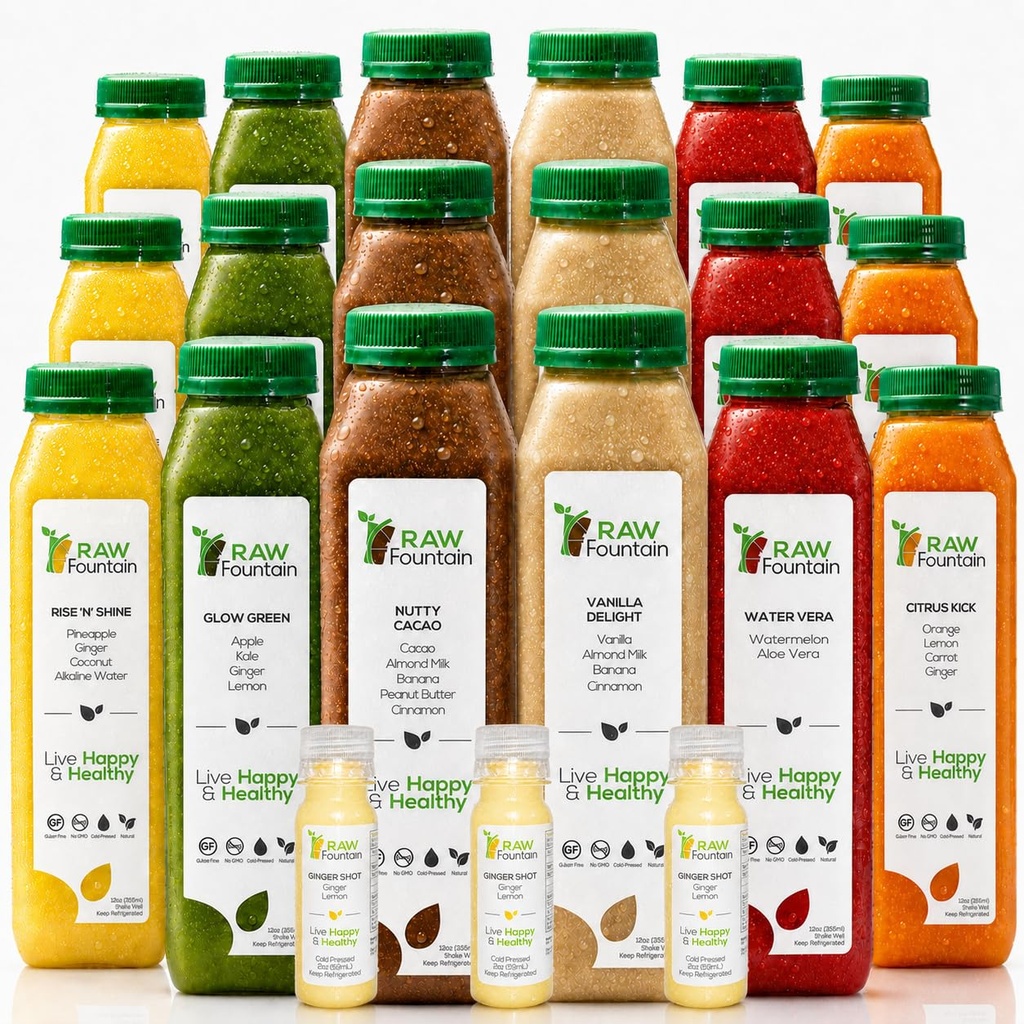 3 Tage Protein-Saft Cleanse von Raw Fountain, All Natural Raw Detox Cleanse, Cold Pressed Fruits, Gemüse, Vanille und Schokolade Flavor, Tasty und Energizing, 18 Flaschen 12oz, 3 Ingwer Shots