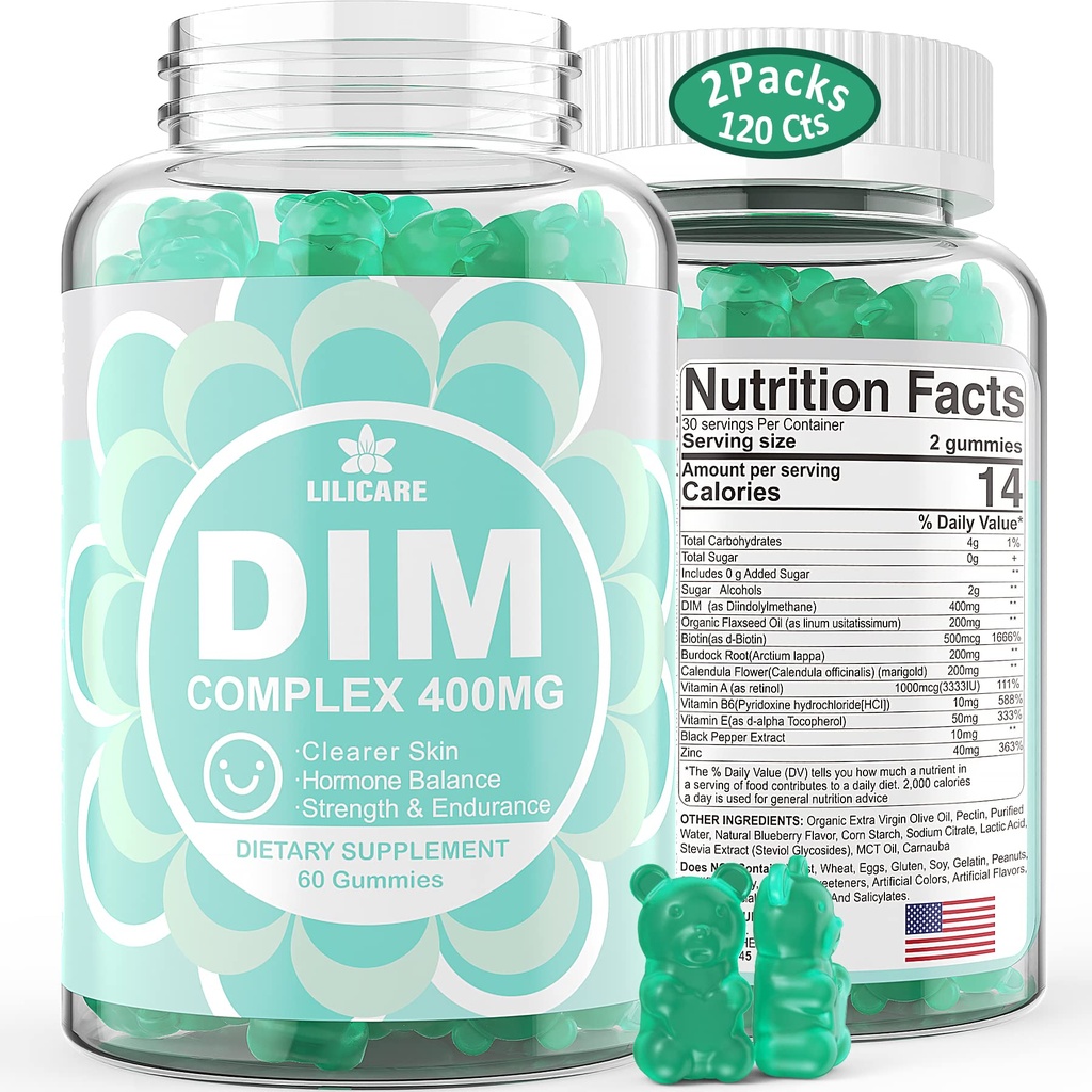 DIM Supplement Women 400mg, Estrogen Supplement for Women, Sugar Free DIM Gummies for Men & Women + Biotin, Flaxseed Oil, Burdock, Calendula, BioPerine for Hormone Balance, Menopause & Prostate 120Cts