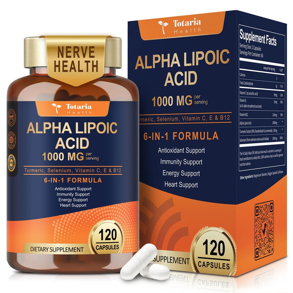 Totaria Alpha Lipoic Acid 1000mg - ALA Supplement Antioxidans für Neuropathie Unterstützung Nerve Gesundheit, Leber Detox, Antioxidans, Stoffwechsel und Zellenergie, Anti-Aging - Non-GMO, Glutenfrei, Vegan Safe