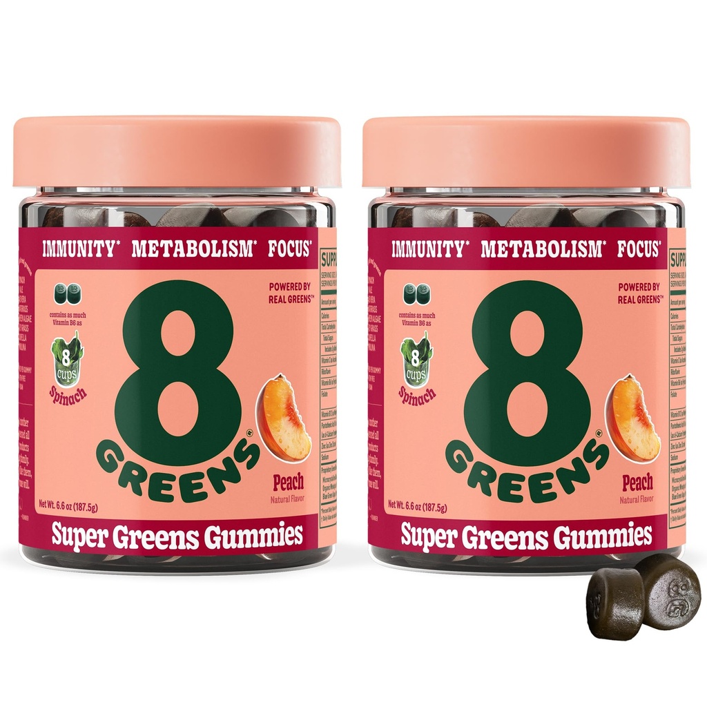 8Greens Supergreens Gummies | Super Greens Powder Superfood Gummy für Stoffwechsel, Immunität & Fokus, Verdauungs-Gesundheitsenzyme, Organisch: Chlorella, Spirulina, Aloe Vera, Peach Flavor, 100 Count