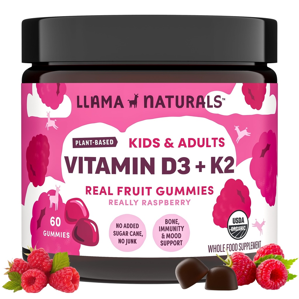 Llama Naturals Vitamin D3, Vegan, Organische Immununterstützungsergänzung, Vitamin D Gummi für Erwachsene und Kinder, Echte Frucht Gummy Vitamine, fördert Knochengesundheit, keine hinzugefügt Zuckerrohr, Raspberry, 60 Ct