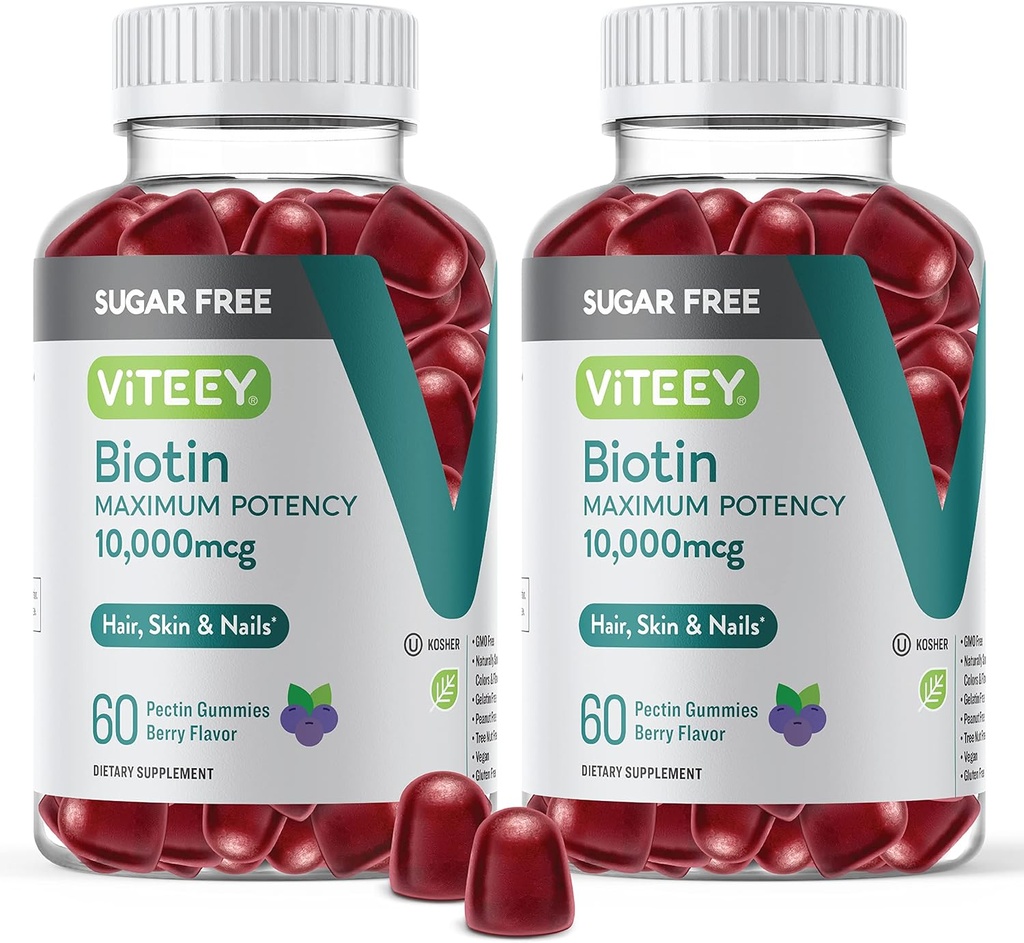 Viteey Biotin Gummis für Haar, Haut, und Nägel 10.000mcg - Sugar Free - Haarwachstum Gummis, Gesunde Haut Glow, Strong Gesunde Nagelwachstum - Vegan, Glutenfrei, Gelatin Free Tasty Berry Flavor