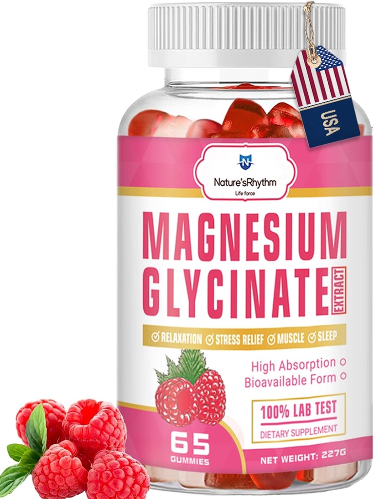 Nature's Rhythm Magnesium Gummies 500mg - 65 Ct | Magnesium Glycinate Ergänzungen für Entspannung, Stress Relief und Schlaf für Erwachsene & Kinder Tasty und Tangy Himbeer Flavor