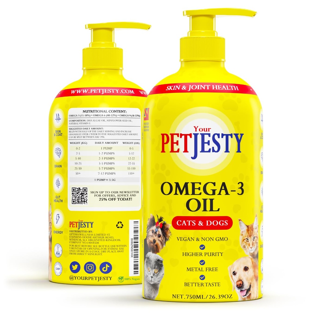 PetJesty Pure Omega 3 Oil for Dogs & Cats 26.39oz - Omega 3 Skin & Coat Support- Liquid Food Supplement for Pets - Vegan pet + DHA for Joint Function, Immune & Heart Health, Non Fish Oil Dog and Cat