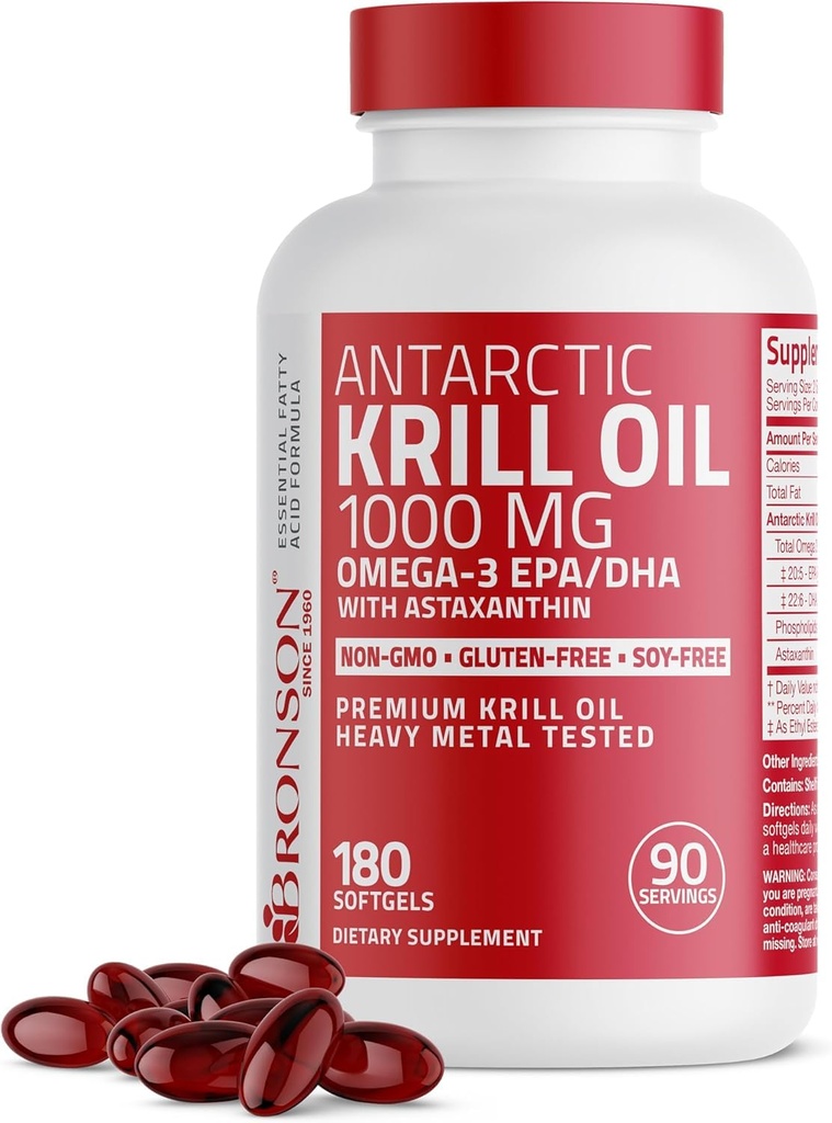Bronson Antarktisz Krill olaj 1000 mg Omega-3s EPA, DHA, Astaxantin és foszfolipidek 180 Softgels