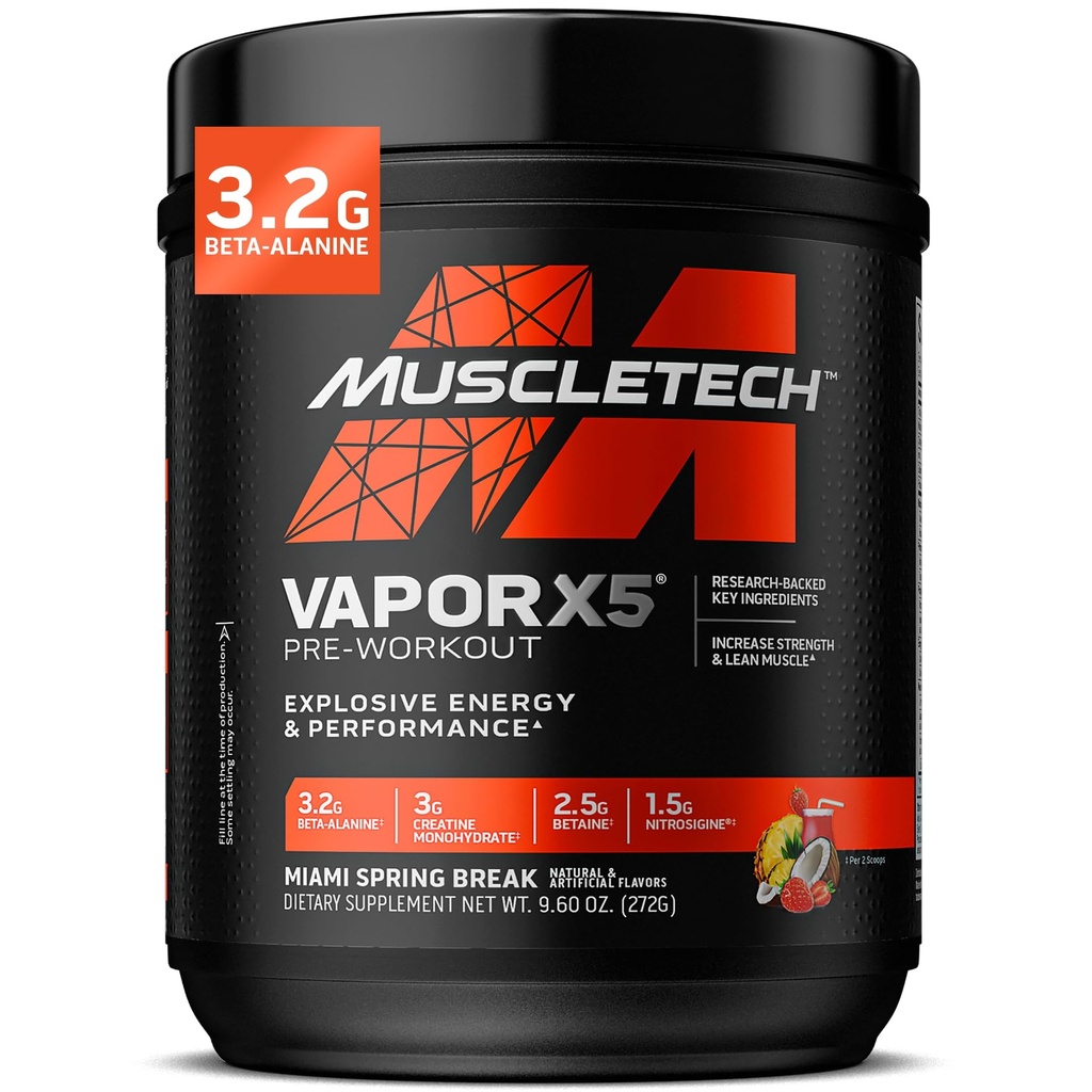 MuscleTech Pre-Workout Powder, Vapor X5 - Sporternährung Muskelaufbau Ergänzungen für Frauen & Männer - Intensive Muskelpumpe Energy Powder Drink Mix - Miami Spring Break, 272g (30 Portionen)
