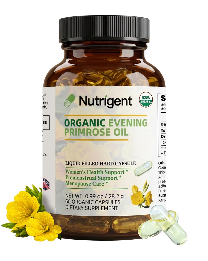 Organic Evening Primrose Oil Supplement, 940 mg 100% Pure mit 10% GLA, Hohe Absorption flüssige organische Kapseln, fördert Frauen Gesundheit & Haut Gesundheit, kalt gepresst, 60 Zähler