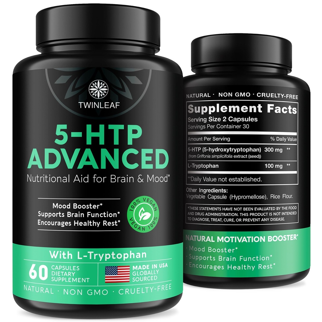 TWINLEAF 5 HTP Ergänzung für Mood-Unterstützung - Made in USA - Natürliche 5-HTP & L-tryptophan Kapseln - 5-HTP-Booster für Männer & Frauen - proprietäre Formel für Stimmung und Entspannung - 60 Vegan Kapseln