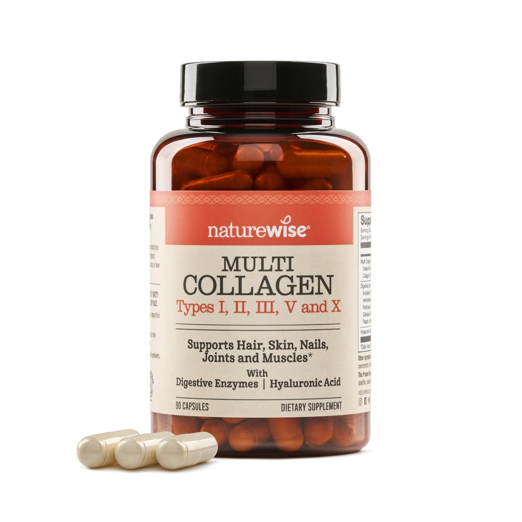 NatureWise Multi Collagen Peptide Pillen für Damen und Herren - Typ I, II, III, V, X w/Hyaluronsäure - Unterstützt Haut, Haar, Gelenke Gesundheit* - Gras Fed, Glutenfrei, Non-GMO - 90 Kapseln[30 Tage Versorgung]