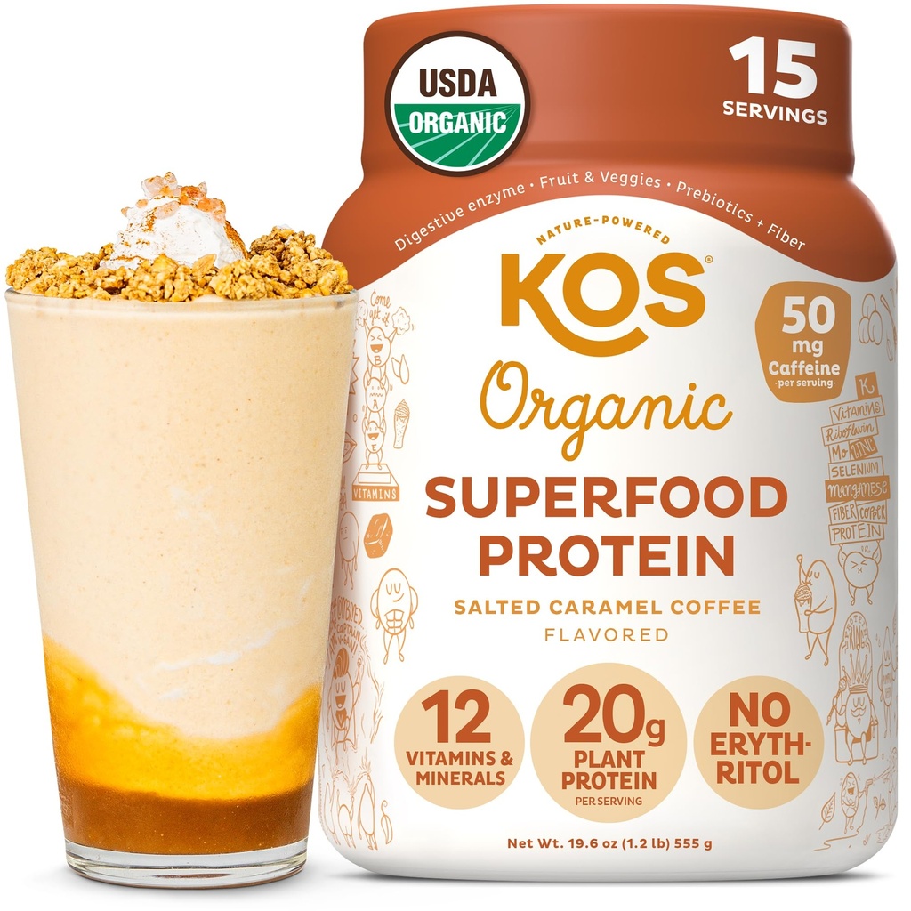 KOS Vegan Protein Pulver, Gesalzener Caramel Kaffee - Low Carb Pea Protein Blend, Bio-Pflanze Superfood reich an Vitaminen & Minerals - Keto, Dairy Free - Meal Ersatz für Damen & Herren - 15 Servierungen