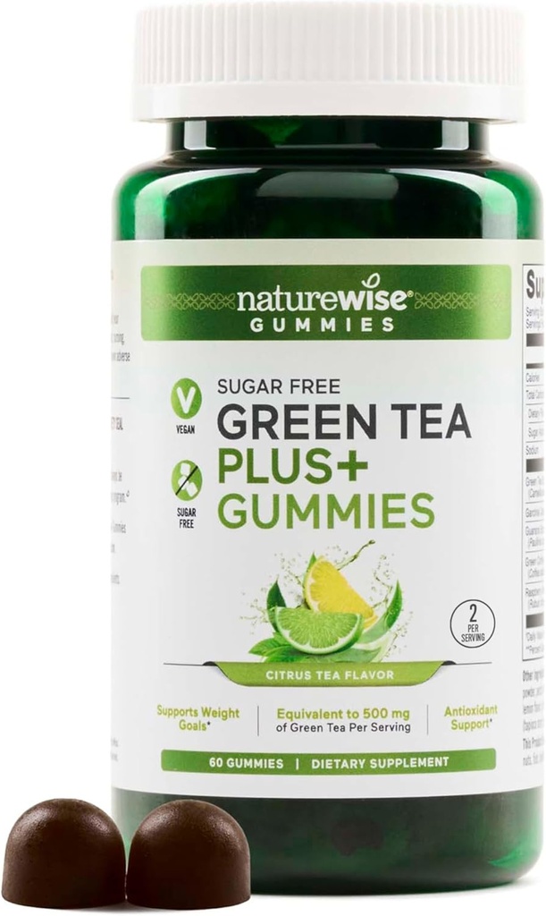 NatureWise Green Tea Gummies - Keto, Sugar Free - Unterstützt Fitness Tore für Damen und Herren - 500mg Grüner Tee + Himbeer Ketone, Garcinia Cambogia - Vegan, No Gluten - 60 Count[1-Monat Versorgung]