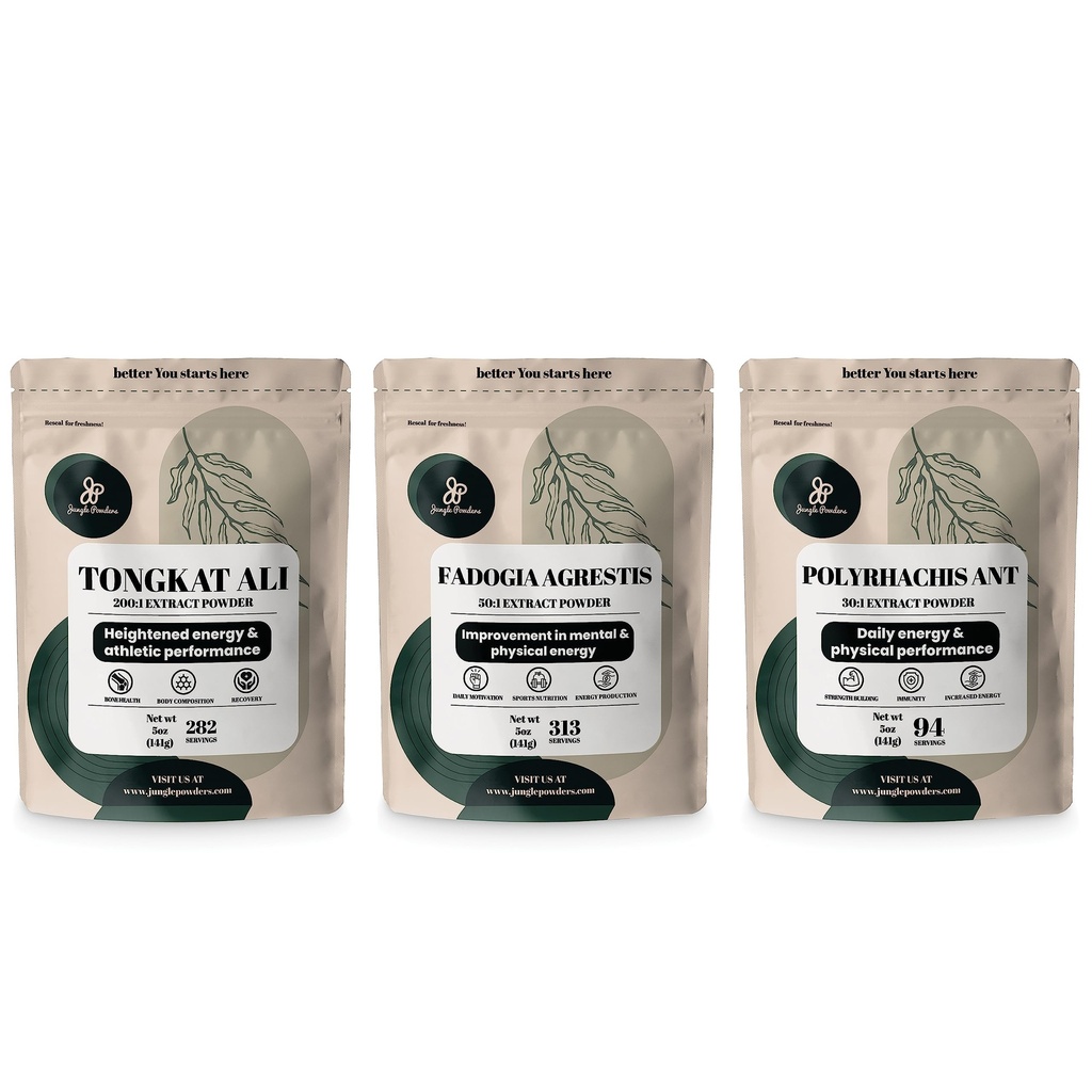 Jungle Powders Tongkat Ali for Men 282 Servings, Fadogia Agrestis Extract Powder 313 Servings, Black Ant 30:1 Concentration 94 Servings 5oz Supplement Mens Health Support for Drive & Passion
