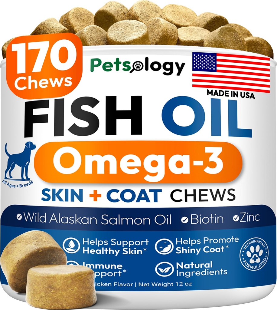 Omega 3 Halolaj kutyáknak - 170 Chews - Omega 3 kutyáknak Itchy Skin & Allergia Relief - Skin & Coat Supplement - EPA & DHA Fatty acids - Dog anti Shedding & Hot Spot Treat - Salmon Oil