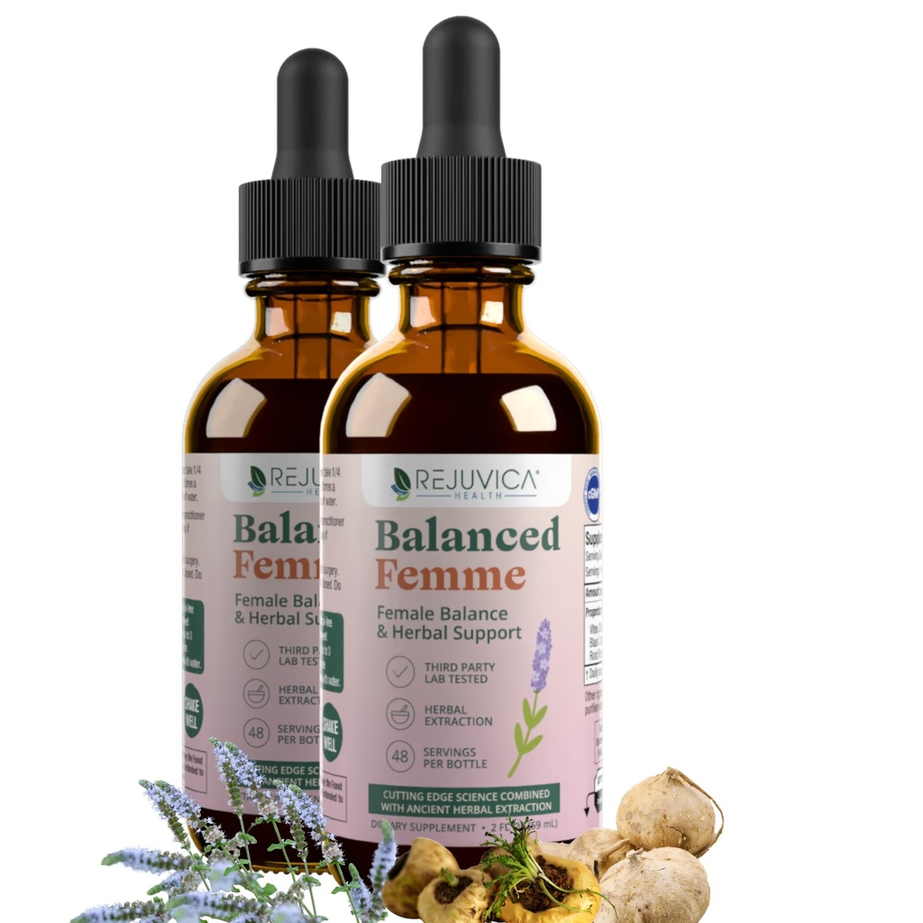 Rejuvica Health Balanced Femme - Menopause Unterstützung für Hot Flashes & Female Balance - Flüssige Lieferung für bessere Absorption - Black Cohosh, Dong Quai, Vitex, Maca Root & More!