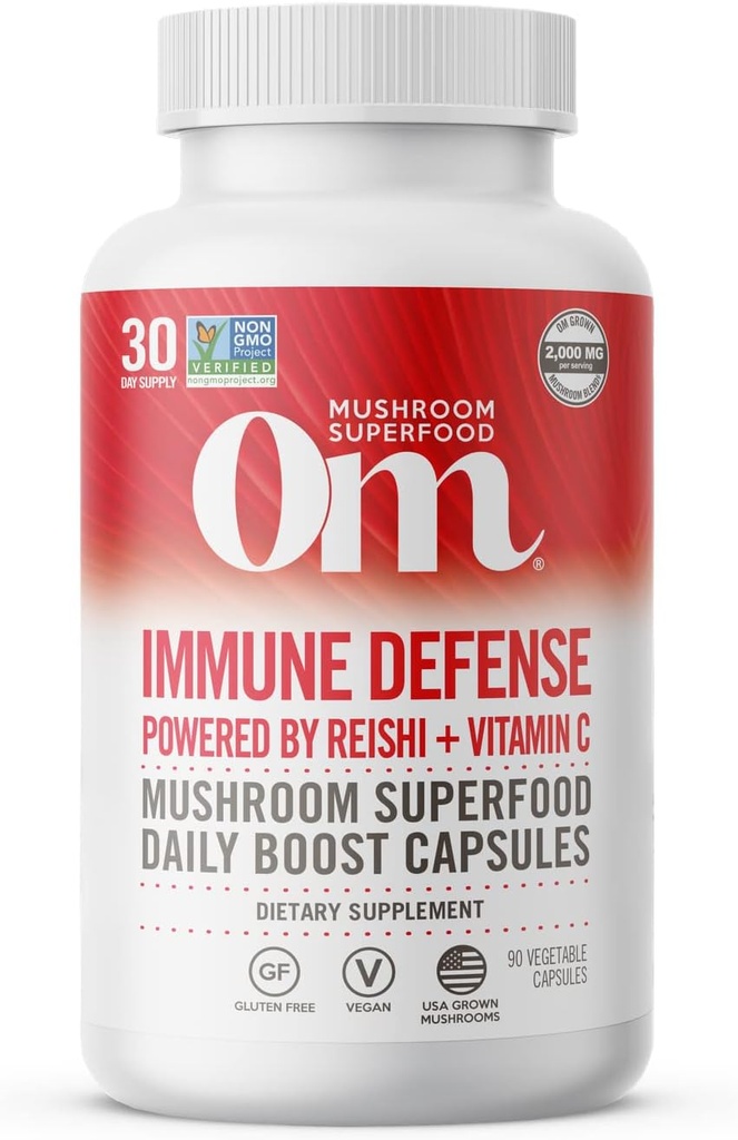 Om Mushroom Superfood Immune Defense Mushroom Capsules Superfood Supplement, 90 Count, 30 Tage, Pilzmischung, Reishi, Türkei Tail, Maitake, Agaricus Blazei, Vitamin C, Vegan
