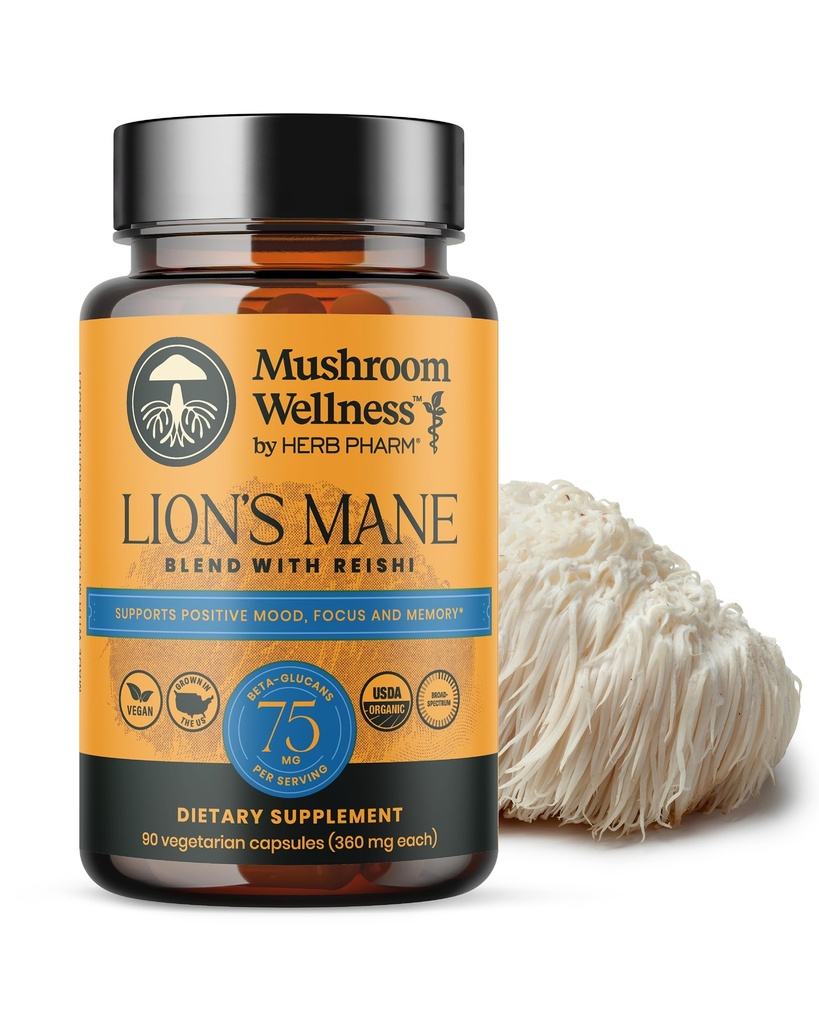 Mushroom Wellness Lion's Mane Blend mit Reishi: Bio Lion's Mane & Reishi Mushroom Capsules, Mushroom Powder Supplement, Unterstützt kognitive Gesundheit, Gedächtnis und Mental Focus, 90 Vegan Capsules