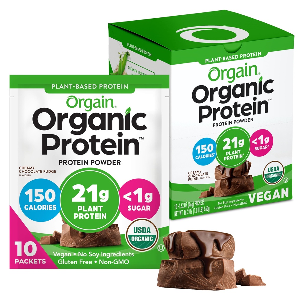 Orgain Organic Vegan Protein Powder, Creamy Chocolate Fudge - 21g Pflanzenprotein, 6g Prebiotic Fiber, Low Carb, No Lactose Ingredients, No Added Sugar, Non-GMO, Für Shakes & Smoothies, 10 Travel Packs