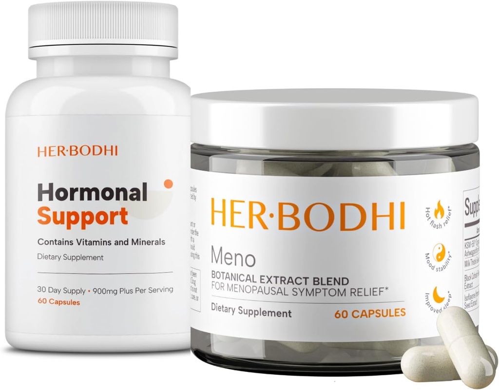 Meno & Hormonális támogatási kiegészítők - Menopauza Hormonális Egyenleg nők számára (60 Caps) & Hormonális Egyensúlypótlás nők számára, PMS támogatási kiegészítés (60 Caps), 2 tétel