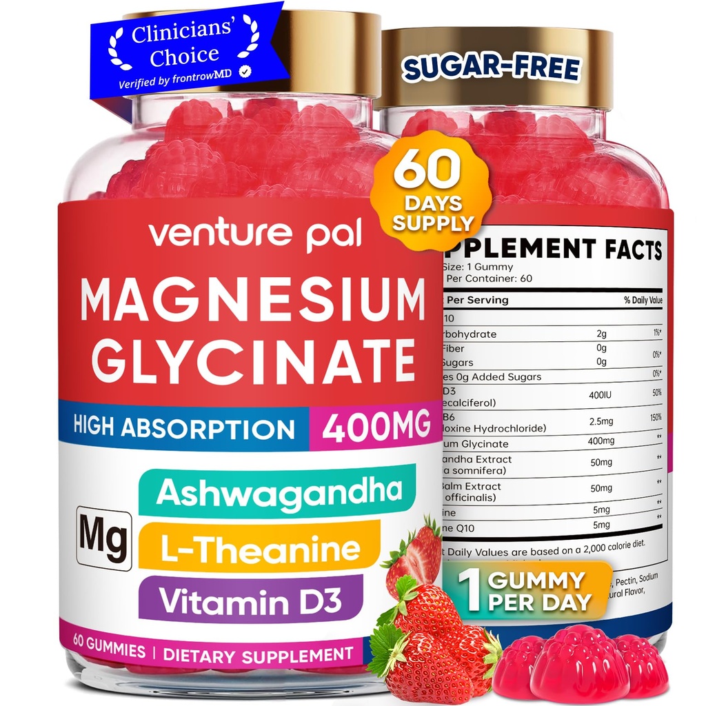 60 Tage Versorgung Magnesium Glycinate 400mg Gummi mit Ashwagandha, L-Theanin, CoQ10, Vitamin D3 & B6, Sugar Free Magnesium Gummi für Erwachsene & Kinder, Stress Relief, Schlaf &amp; ruhig, Vegan, Glutenfrei
