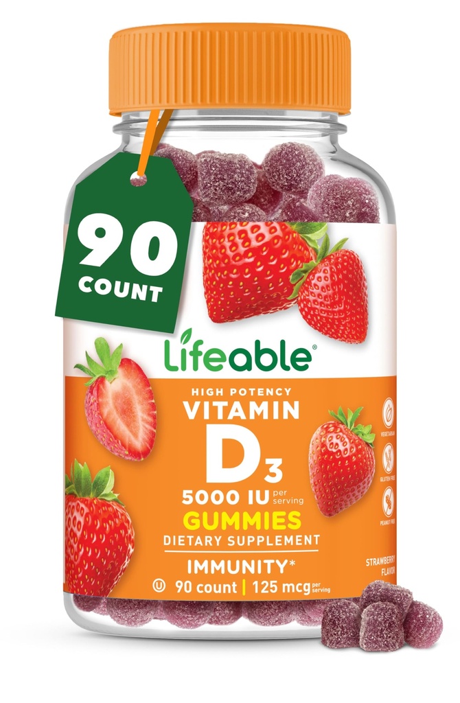 Vitamin D Gummi für Erwachsene | 5000 IU | Große Verkostung D3 Vitamin | Immununterstützung und gesunde Knochen Vitamin D Nahrungsergänzung für Männer, Frauen | 90 Gummie | Lebensfähig