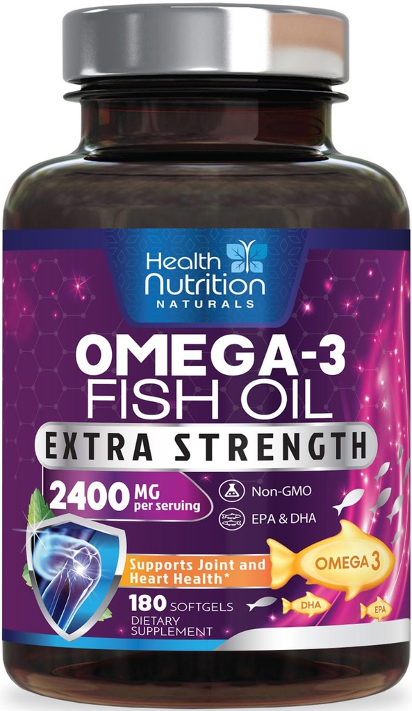 Omega 3 Fischöl 2400 mg - Dreifache Stärke Omega3, EPA & DHA-Fettsäuren-Ergänzung - Natürliche Unterstützung für Immun-, Herz- und Hirngesundheit - Wilde Gefangene, Non-GMO, Zitronen-Flamvor, Burpless - 180 Softgels