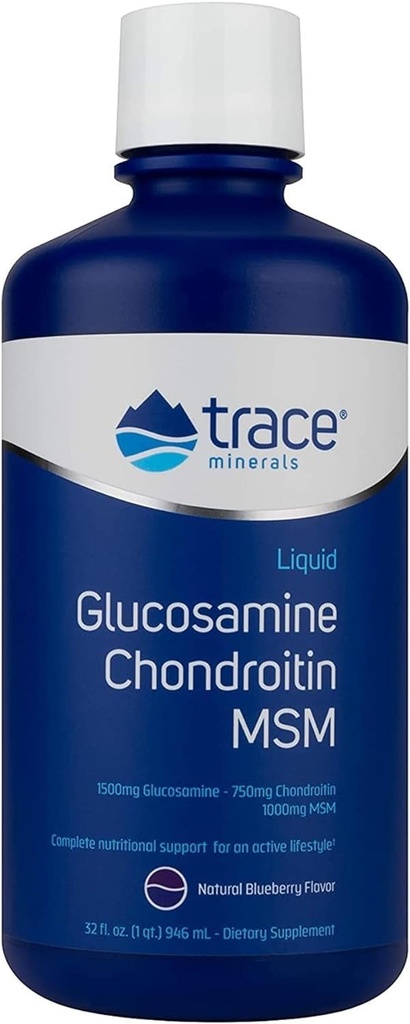 Trace Minerals Liquid Glucosamine Chondroitin MSM | Komplette Nahrungsergänzung für Active Lifestyle | Unterstützt Gelenke, Knorpel & Mobilität | Natürliche Blaubeeren Flavor | 32 Servietten, 32 fl oz