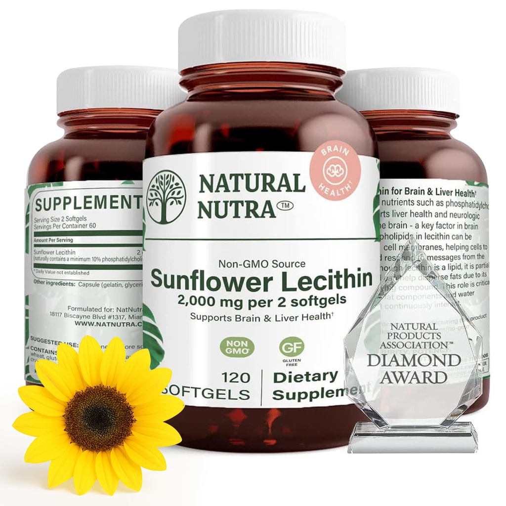 Natural Nutra Sunflower Lecithin 2000 mg kiegészítés, Támogatja szoptató anyukák plugged Milk Duct Relief, máj és agy egészség booster, Soy Free, Non-GMO, gluténmentes, 120 Softge