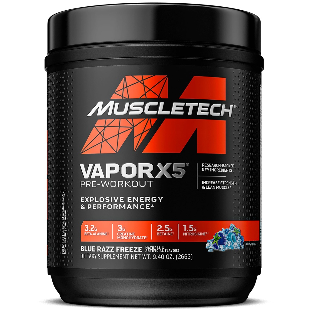 MuscleTech Pre-Workout Powder, Vapor X5 - Sporternährung Muskelaufbau Ergänzungen für Frauen & Männer - Intensive Muskelpumpe Energy Powder Drink Mix - Blue Razz Freeze, 266g (30 Portionen)